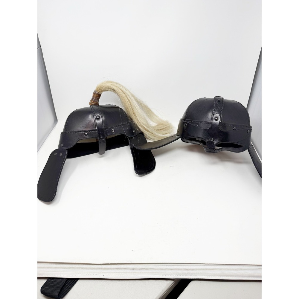 Lot of 2 Roman Gladiator Leather Helmets Black White Horsehair Plume Cosplay